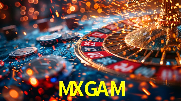 Una escena digital vívida inspirada en casino con MXGAM mostrado prominentemente, luces brillantes, fichas, cartas y acentos dorados.