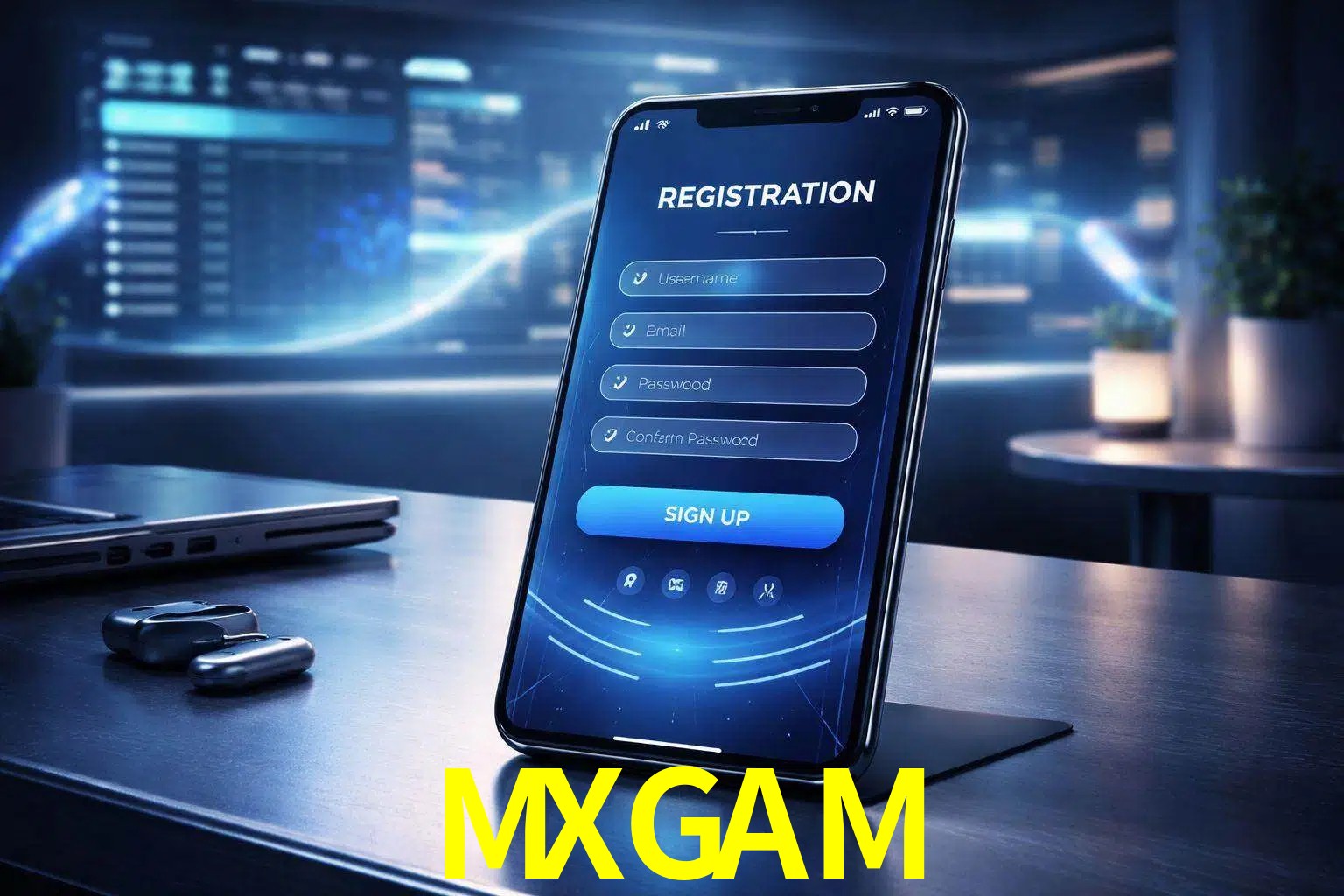 Una interfaz moderna de registro móvil para MXGAM mostrada en un smartphone con un panel de apuestas elegante.
